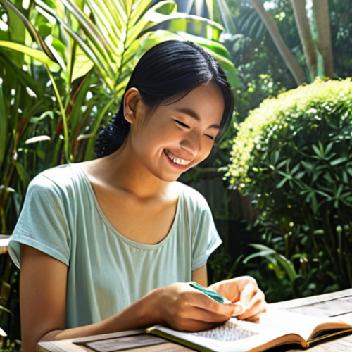 Home 15 **A woman journaling outdoors in a peaceful garden, sunlight filtering through the leaves. She's smiling softly, with a cup of teh tarik beside her.** (Focuses on self-reflection, nature, and Malaysian culture)