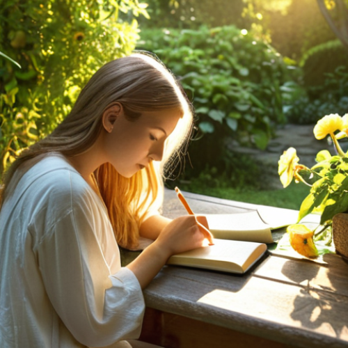 Home 14 ** A serene scene of someone writing in a journal outdoors in a lush garden, bathed in soft, golden light. Focus on the peaceful atmosphere and the connection between nature and mindfulness. Include elements like blooming flowers, gentle sunlight filtering through leaves, and a comfortable writing space.
**