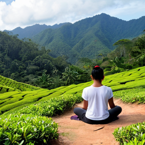 Home 7 A serene and peaceful image of a traveler truly relaxing amidst a beautiful Malaysian landscape, such as a pristine beach on Pulau Perhentian or a verdant tea plantation in Cameron Highlands. The person is fully present, perhaps meditating or simply gazing out calmly, with no digital devices visible. The scene evokes a sense of tranquility, digital detox, and deep personal rejuvenation, with soft, natural light.