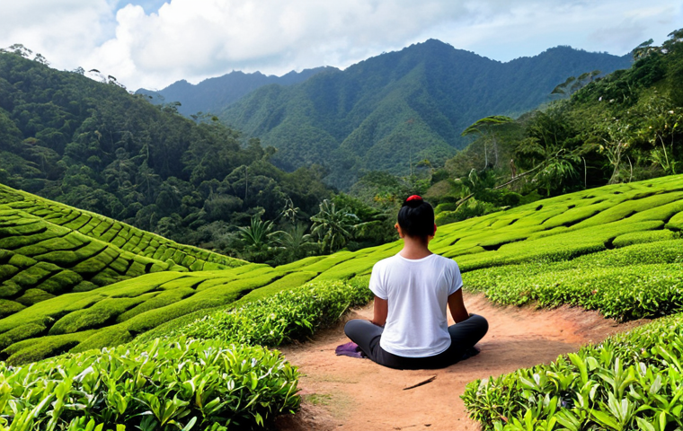 A serene and peaceful image of a traveler truly relaxing amidst a beautiful Malaysian landscape, such as a pristine beach on Pulau Perhentian or a verdant tea plantation in Cameron Highlands. The person is fully present, perhaps meditating or simply gazing out calmly, with no digital devices visible. The scene evokes a sense of tranquility, digital detox, and deep personal rejuvenation, with soft, natural light.